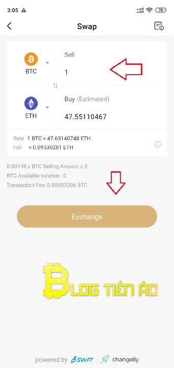 Chọn coin và số lượng cần swap